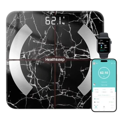 Image de Healthkeep Balance Pèse Personne Haute Précision Connectée Impédancemètre avec App 13 Mesures pour Andriod et iOS Max 180kg 400lb 28st, Marbre Noir