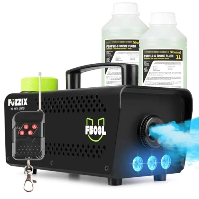 Image de Fuzzix F503L Pack Machine à Fumée 500 Watts avec 3 LEDs RGB 2L de Liquide Facile transporter, Puissante et Compacte, Niveau Réservoir, Idéal pour les Anniversaires, Soirées Halloween