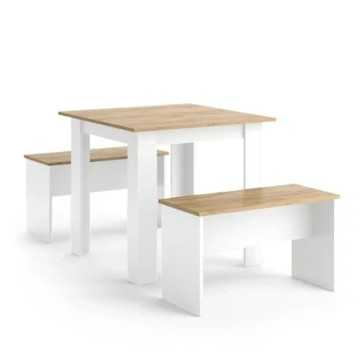Image de Vicco Ensemble de Table à Manger Sentio, Chêne Blanc/Force l&#039;or, 80x80cm avec 2 bancs