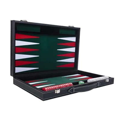 Image de Backgammon de luxe 18 45,5 cm haute qualité simili cuir, feutre spécial incrusté, jetons et dés nacrés (blanc/rouge/vert))