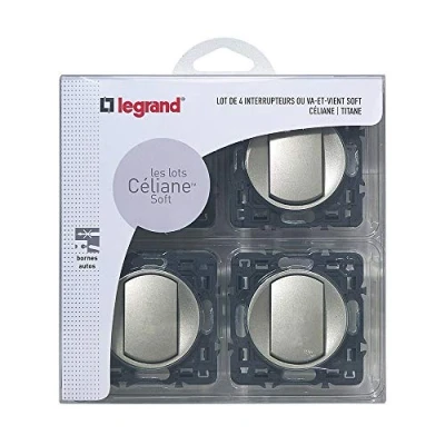 Image de LEGRAND Interrupteur Simple ou Va et vient Doigt Large Céliane Soft 10A Commande d&#039;Eclairage Prêt à Installer Titane Fabriqué En France Lot de 4