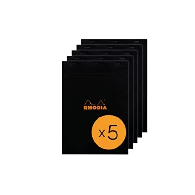 Image de RHODIA 186009Cpack Bloc Notes Agrafé N18 Black A4 Ligné 80 Feuilles Détachables Papier Clairefontaine Blanc g/m² Couverture en Carte Enduite Paquet de 5 blocs