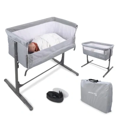 Image de Mobiclinic® Kids, Lit bébé cododo, Bébé, 2 en 1, Moon, Sangles de fixation au lit, Réglable 5 hauteurs, Sac transport, Roues incluses, Maille respirante, Angle réglable, Base rembourrée
