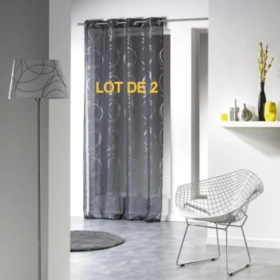 Image de Douceur d&#039;Intérieur Lot de 2 voilages a Oeillets 140 x 240 cm Voile Imprime Argent Bully Anthracite