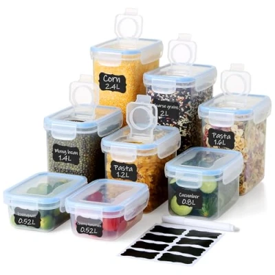 Image de Ordeluxe Lot de 8 récipients alimentaires avec verseur 5 grandes tailles + 3 mini couvercles universels, étiquettes réutilisables, idéales pour les céréales/pâtes sans BPA