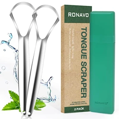 Image de Gratte Langue pour Adultes Et Enfants, Remède Contre La Mauvaise Haleine, Tongue Scraper inclus Étui pratique, Racle en Acier Inoxydable, Lot de 2, RONAVO