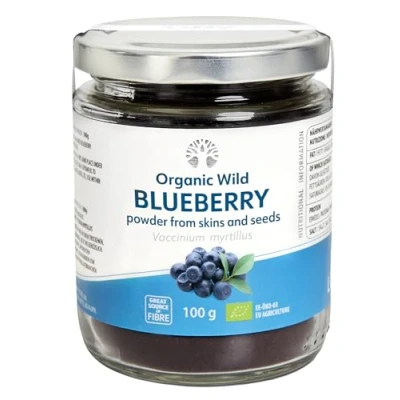 Image de Poudre de bleuets bio sauvages LOOV (marc), récoltés à l’état sauvage dans les forêts nordiques, faite la peau et des pépins uniquement, aucun sucre ajouté, riche en fibres, 100 g