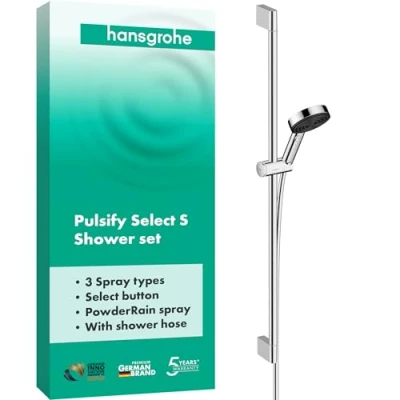 Image de Hansgrohe, blanc mat, Pulsify Select S, ensemble, pommeau 3 types de jet (Relaxation), barre 90cm, flexible douche 1,60m, 24170700, 0,90m set