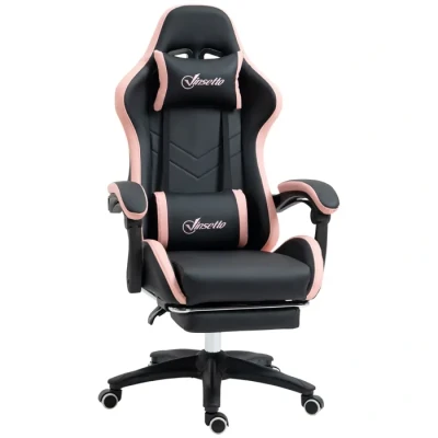 Image de Chaise gaming Vinsetto ergonomique avec dossier inclinable à 135 et soutien lombaire, appui tête, repose pieds rose