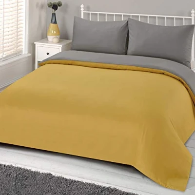 Image de Brentfords Parure de lit avec Housse Couette et taie d&#039;oreiller 1 Place, Jaune Ocre/Moutarde/Gris