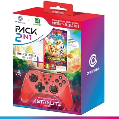 Image de Oniverse Pack 2 en 1 manette Switch + Jeu Marsupilami (Code téléchargement), sans fil OLED Lite, Vibrations réglables, mode Turbo, Gyroscope 6 axes, Astralite (Mira Red/Rouge)