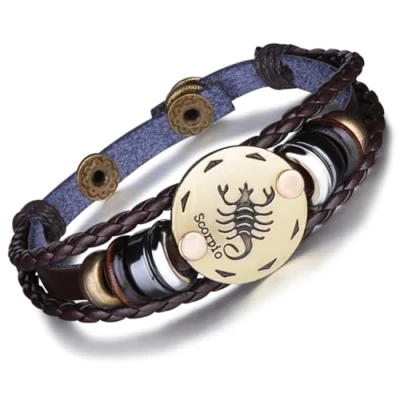 Image de Infinite U Bracelet tressé rétro Multi Rangs Les Douze Signes du Zodiaque en Alliage et Cuir Brun Sombre pour Femme Homme (Alliage J)