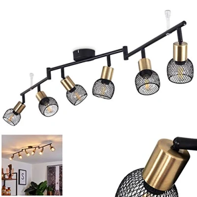 Image de HOFSTEIN Plafonnier Cairns en métal noir et doré, 6 spots vintages orientables à abat jour grillagé créant un effet lumineux au plafond, pour ampoules E14, ampoule(s) non incluse(s)