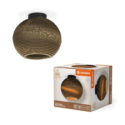 Image de LEDVANCE Decor Cardboard Ball marron en carton ondulé, léger, E27, diamètre 260 mm, abat jour matériau recyclé, durabgrâce à une source lumineuse remplaçable, facià installer
