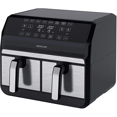 Image de Sencor Friteuse sans Huile Air Fryer, Double Compartiment, Technologie de Circulation d&#039;Air à Grande Vitesse, Contrôle Tactile, Prête en 3 Minutes, 1700W, Capacité Totale 8L, Couleur Argent
