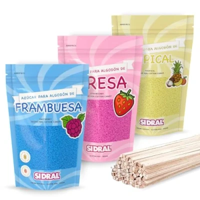 Image de SIDRAL Sucre Barbe à Papa pour Machine coton (3 x 250 gr) avec 25 bâtonnets recyclables la dégustation Lot de 3 arômes (Rose, bleu et jaune)