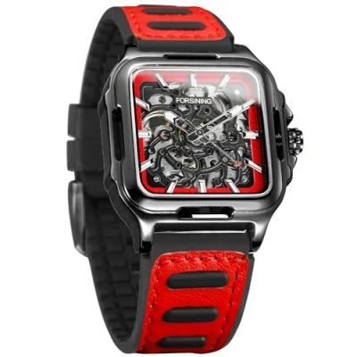 Image de FORSINING Montre squelette étanche pour homme Style steampunk Automatique Bracelet en silicone Carré lumineux, 4 Rouge
