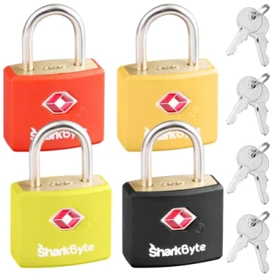 Image de SharkByte Lot de 4 serrures valises approuvées par la TSA avec clés [Lot couleurs mélangées, 8 clés] cadenas voyage, petits à clés, sacs pour ordinateur portable, dos,