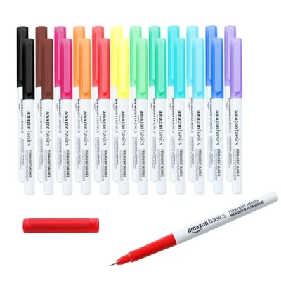 Image de Amazon Basics Lot de 24 marqueurs permanents à pointe ultrafine, couleurs assorties