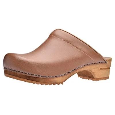 Image de Sanita Lotte Sabots Ouverts Produit Original Fabriqué à la Main pour Femme en Cuir avec Semelle Bois Durable Marron 39 EU