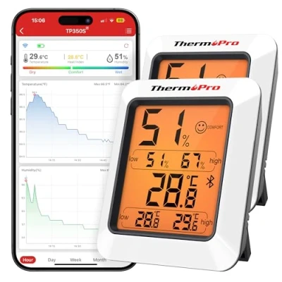 Image de ThermoPro TP350 Thermomètre d&#039;ambiance Bluetooth, hygromètre d&#039;intérieur avec alertes, enregistrement de données d&#039;application intelligente, pour chambre bébé et bureau, lot 2