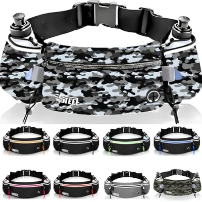 Image de Ceinture Running Course à Pied, Sac Banane Sport Belt avec Gourde Souple Porte Bidon Poche Etanche Homme Femme pour Smartphone iPhone Samsung Galaxy, Confortable Jogging (Militaire Blanc ET Noir)