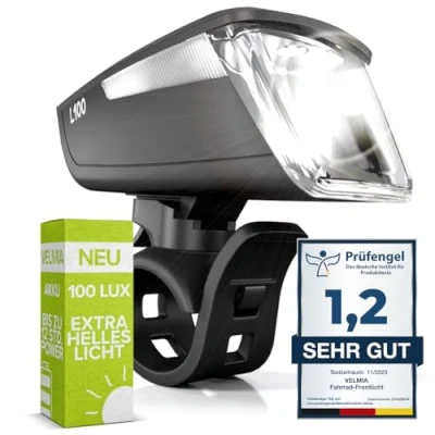 Image de VELMIA Phare Avant pour vélo homologué StVZO avec éclairage particulièrement Puissant et durée d&#039;éclairage de 8,5 h I Lumière LED résistante à la Pluie Rechargeable Lampe