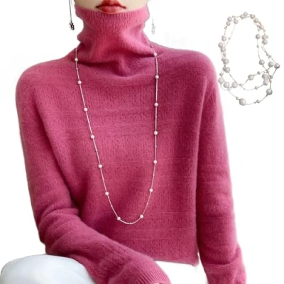 Image de KEYULI Pull Angora à col roulé en Cachemire pour Femme,Pull Chaud et Ample mélange de Cachemire,Pull Tricot Solide Femme avec Collier (Framboise,L (55 60kg))