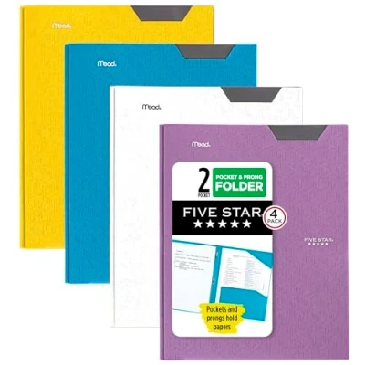 Image de Five Star Lot de 4 dossiers à 2 poches, en plastique avec onglets stables et attaches griffes, peut contenir du papier 21,6 x 28 cm, étiquette inscriptible, bleu marée, blanc, violet