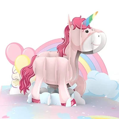 Image de MOKIO® Carte Pop Up Licorne Rose avec Arc en Ciel Cadeau 3D pour un anniversaire, de vœux anniversaire d&#039;enfant