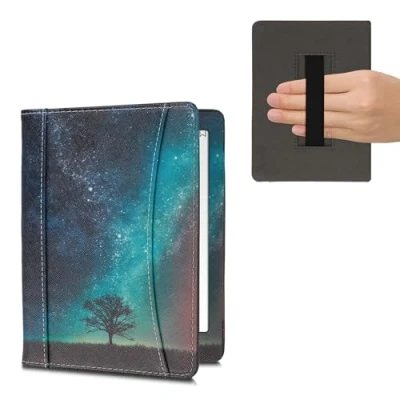 Image de kwmobile Coque Liseuse Compatible avec Kobo Aura H2O Edition 2 Étui à Rabat en Simili Cuir Fermeture Magnétique Arbre Cosmique Bleu Gris Noir