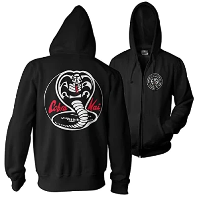 Image de Cobra Kai Officiellement sous Licence Blanc Patches Zipped Sweat À Capuche (Noir), Small