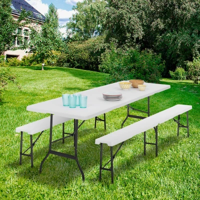 Image de Table pliante portable blanche 1m80 et 2 bancs pliables