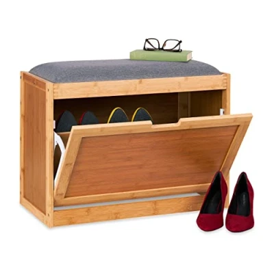 Image de Relaxdays Range Chaussures, Large Assise, Rangement, entrée et Couloir, 2 Compartiments réglables, Bambou, Nature Gris