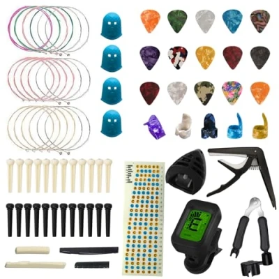 Image de Kit Accessoire Guitare Acoustique, TTCR II 75 Pièces avec Capodastre, 15 Mediator Guitare,3 set Cordes, Accordeur, Pouce, Enrouleur de Bridge etc.…