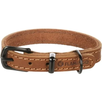 Image de Flamingo Collier Montana Cuir Cognac XS 19,5 25,5cm x 12mm avec Rivets et Boucle a Une Finition Brillante Noire