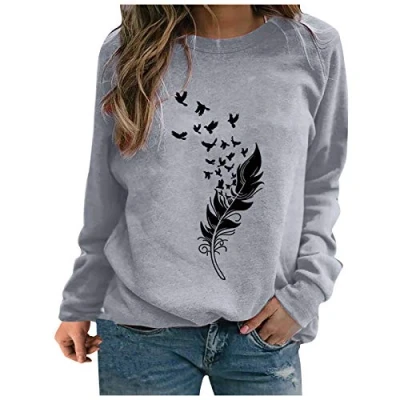 Image de Sweat Femme sans Capuche Chic Imprimé Plume Shirt Manche Longue Chemisier Et élégant Col Rond Sweatshirt Grande Taille Pull Sexy Top