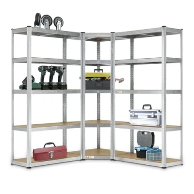 Image de Juskys système de 3 étagères Basic 1 étagère d&#039;angle et 2 Stockage 15 Planches en Bois MDF 625 kg Étagères pour Charges Lourdes Cave (argenté)