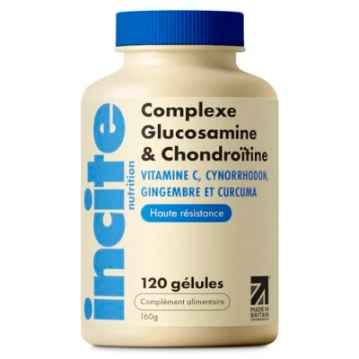 Image de Incite Nutrition Complexe à haute résistance de glucosamine et chondroïtine avec MSM, vitamine C, gingembre, églantier curcuma pour les soins des articulations 120 capsules Premium