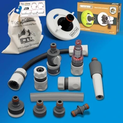 Image de MaJoCompTec® CONNECT 30 Kit de réservoir d&#039;eau pour camping car Embout remplissage caravane (kit raccordement avec filtre, ensemble adaptateur 3 broches D : 78)