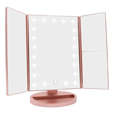 Image de Miroir de maquillage avec LED, lumineux table lumière grossissement (x1/x2/x3) pliable la vanité Rotation à 180 Écran tactile cosmétique pour homme et femme (Or
