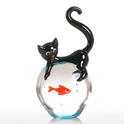 Image de Mini décoration en verre soufflé bouche chat et poisson rouge Tooarts, figurine d’animal pour offrir ou intérieure, Cat and Goldfish Gift