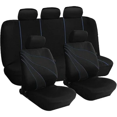 Image de Rebeca Shop Housses de siège universelles en polyester adaptables à toutes les voitures avec sièges standard 2 fermetures éclair sur le dossier arrière modèle G (Noir/Bleu)