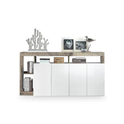 Image de Vente unique Buffet SEFRO 4 Portes et niches Blanc laqué chêne, Naturel Clair,