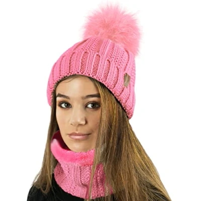 Image de TOSKATOK Dames Femmes Hiver Rib Seed Stitch Beanie Bobble Chapeau avec Doublure en Polaire Confortable Chaud et Fausse Fourrure Pom Taille Unique Rose Ensemble