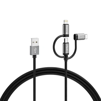 Image de VARTA 3en1 Speed charge &amp; Sync câble USB A vers Micro USB, Type C, Lightning ,MFI, 2m 60W, rapide, durable en nylon tressé et aluminium, adaptées pour smartphones, tablettes, noir