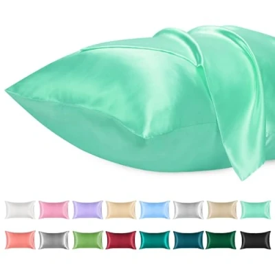 Image de Lirex 2PK Taies d&#039;oreiller en Satin, Taie Microfibre de Soie Couleur Unie Douce, Fermeture D&#039;enveloppe, Infroissable, Résistante à la Décoloration, Respirante (Lac Bleu, 40 x 60 cm)