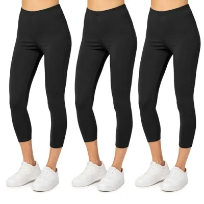 Image de Merry Style Legging Coton Femme Confortable Souple Extensible 3/4 Court Tous Les Jours ou détente à la Maison Vêtements pour Femmes MS10 199 (Noir/Noir/Noir, XL)