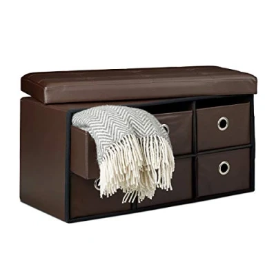 Image de Relaxdays Banc de rangement rectangle pliant avec 6 compartiments amovibles tabouret stockage ottoman assise pouf simili cuir coffre pliable 38 x 76 cm, marron