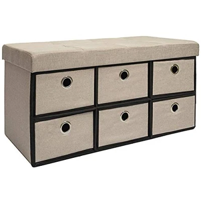 Image de DuneDesign Coffre de Rangement Pliante 76x38x38cm 6 tiroirs 80L Poufs Pliable Repose Pieds rectangulaire rembourré 2 Places Beige Gris